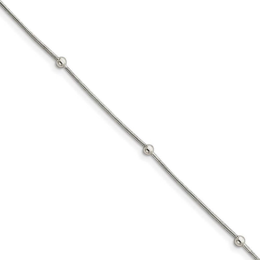 Sterling Silver 1.5mm Snake And 3mm Bead Anklet, 9-10.5 Inch
